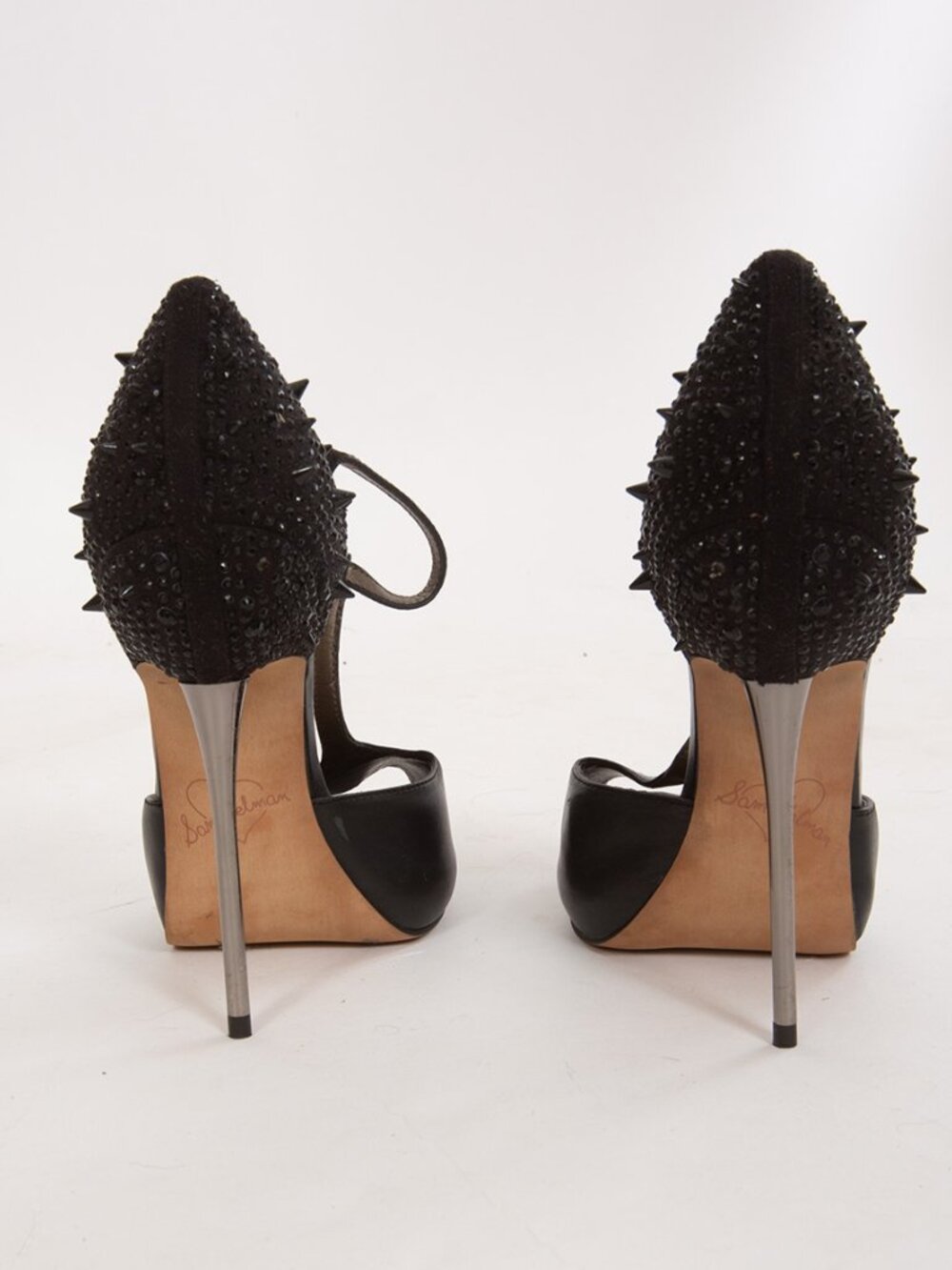 NWOB Sam Edelman Scarlett Black Leather Metal Stiletto Peep Toe Platform Pumps - Picture 3 of 7